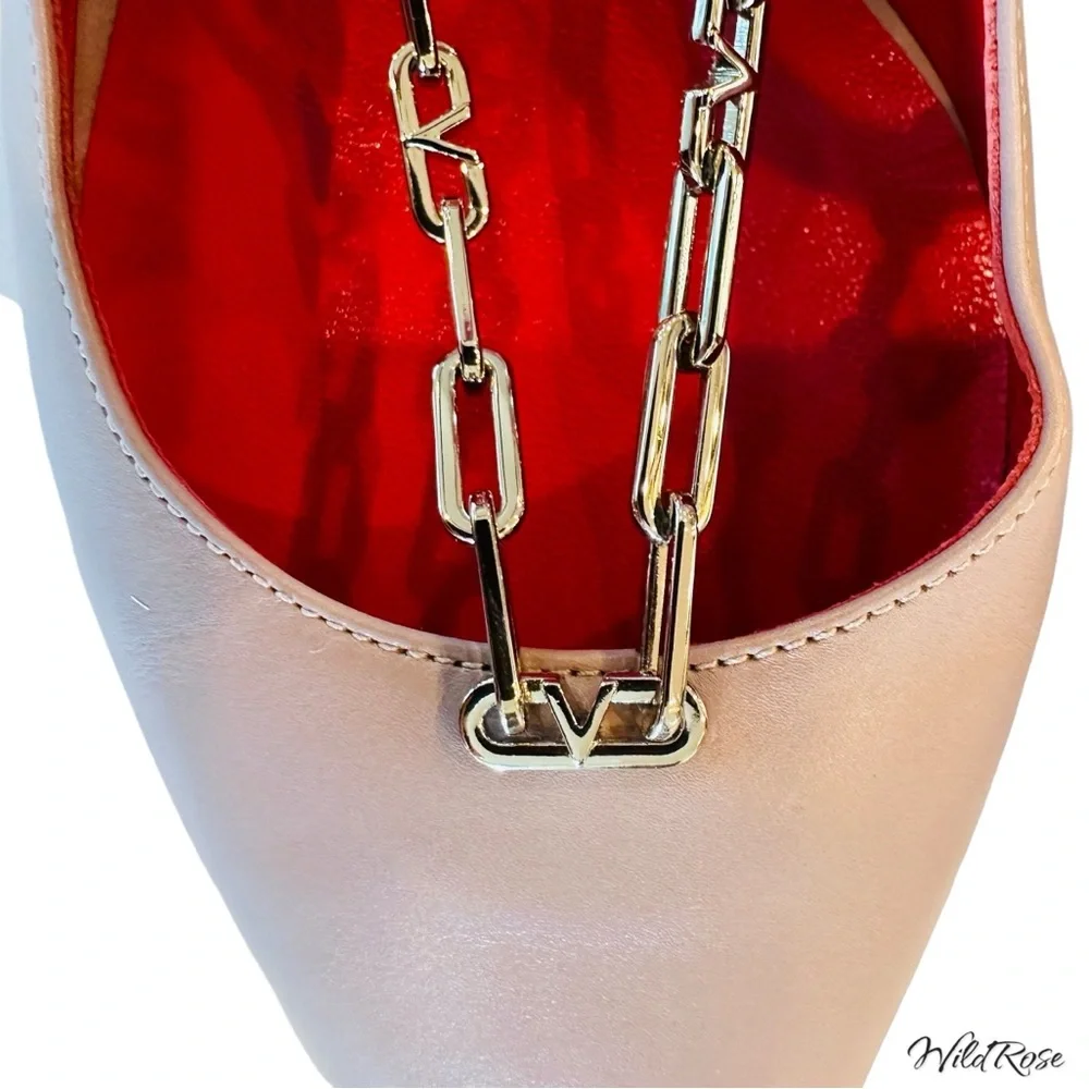 VALENTINO GARAVANI Nude Valentino V Logo Silver Chain Detail Slingback Pumps 36 - Picture 9 of 17